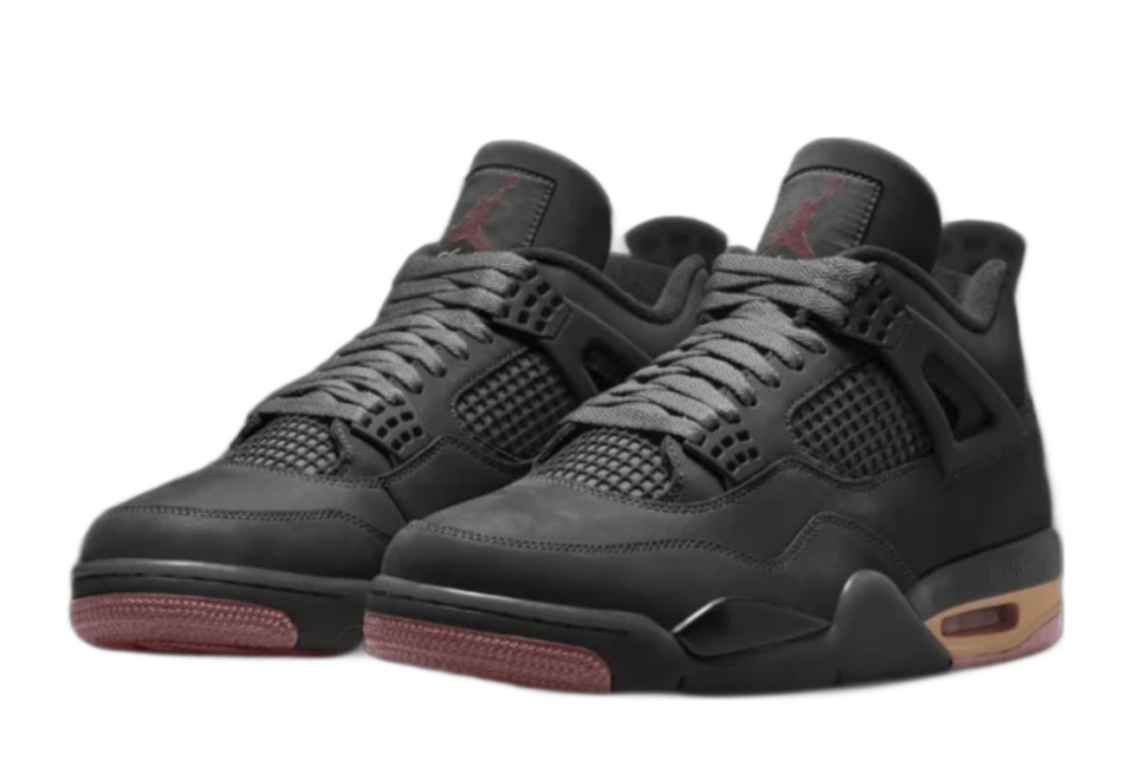 Air Jordan 4 London Black angled pair view showing black mesh panels and gum sole