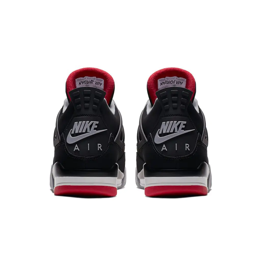 Air Jordan 4 Bred 2026 black and red colour-way side angle view