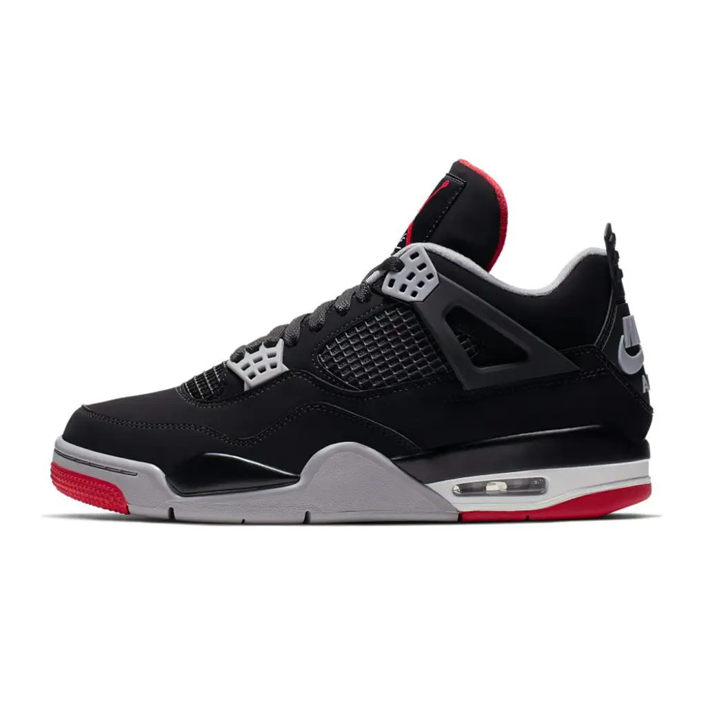 Air Jordan 4 Bred 2026 top view showing tongue and lace structure