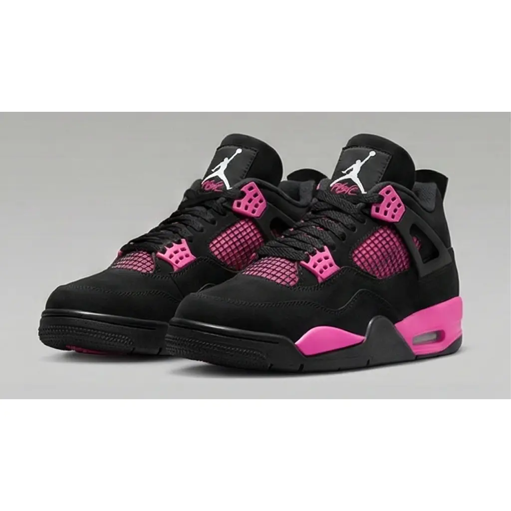Air Jordan 4 Pink Thunder angled pair on grey background