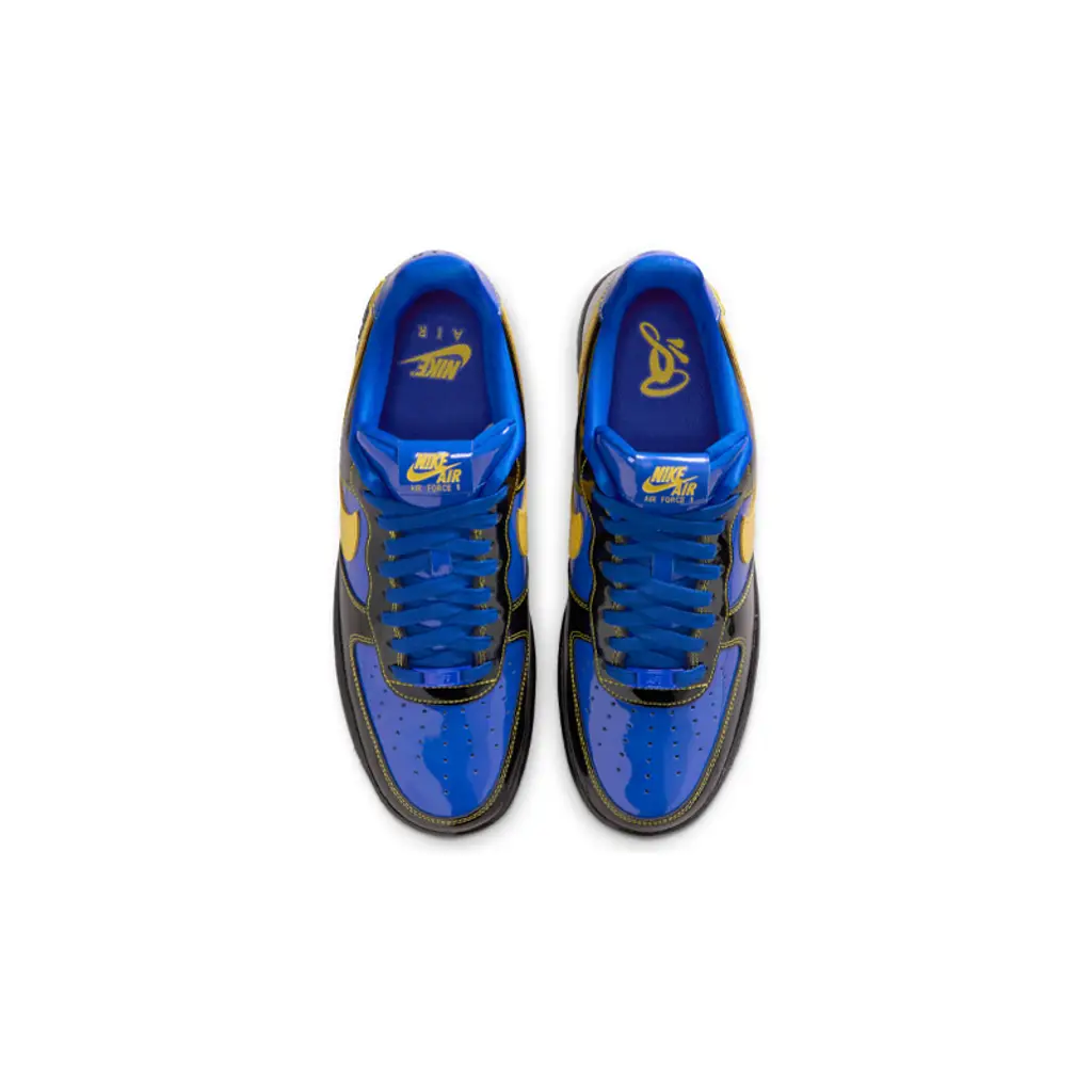 Top view of Central Cee x Nike Air Force 1 Low Racer Blue with blue laces and yellow Swoosh