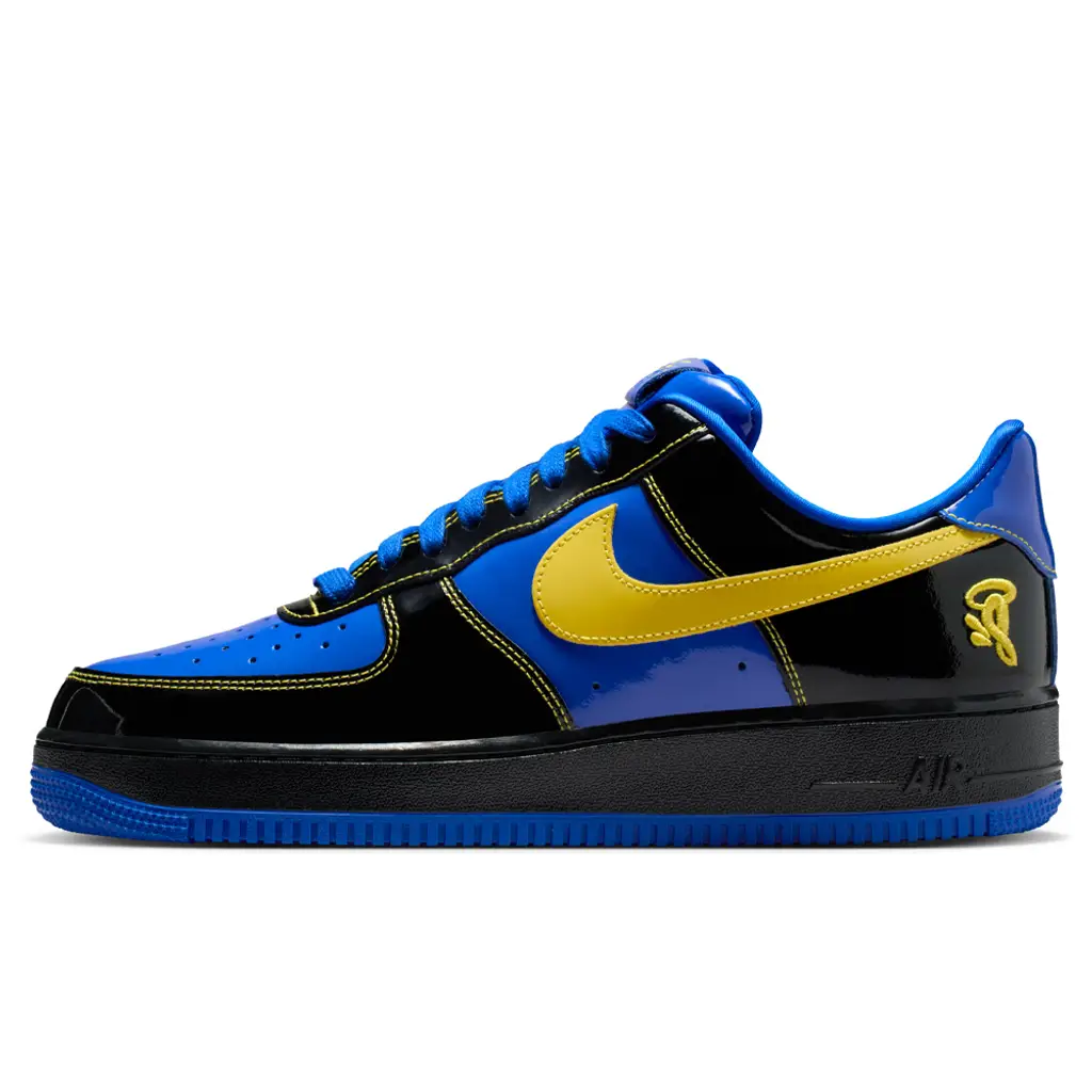Central Cee x Nike Air Force 1 Low Racer Blue side profile in black patent leather with blue overlays and yellow Swoosh
