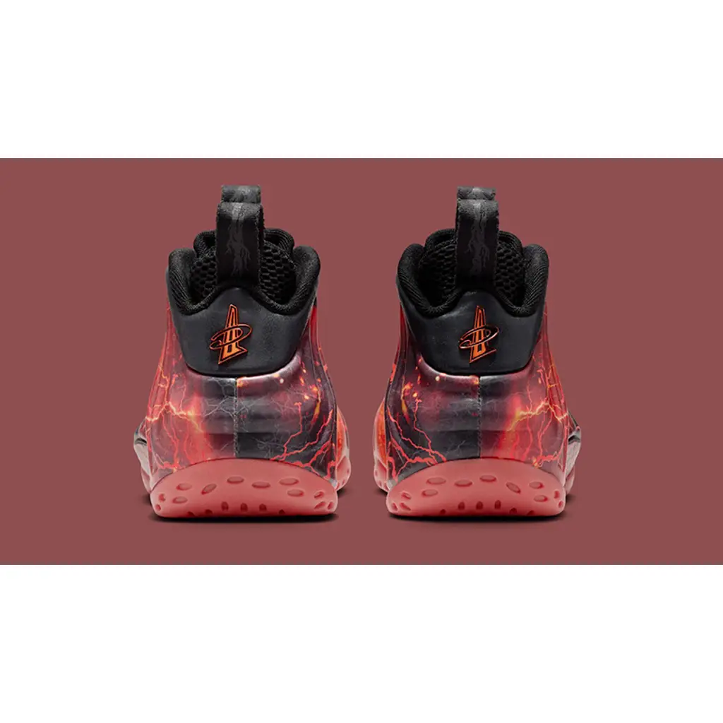 Stranger Things Nike Air Foamposite One Red Black heel view with Penny logo and red translucent outsole
