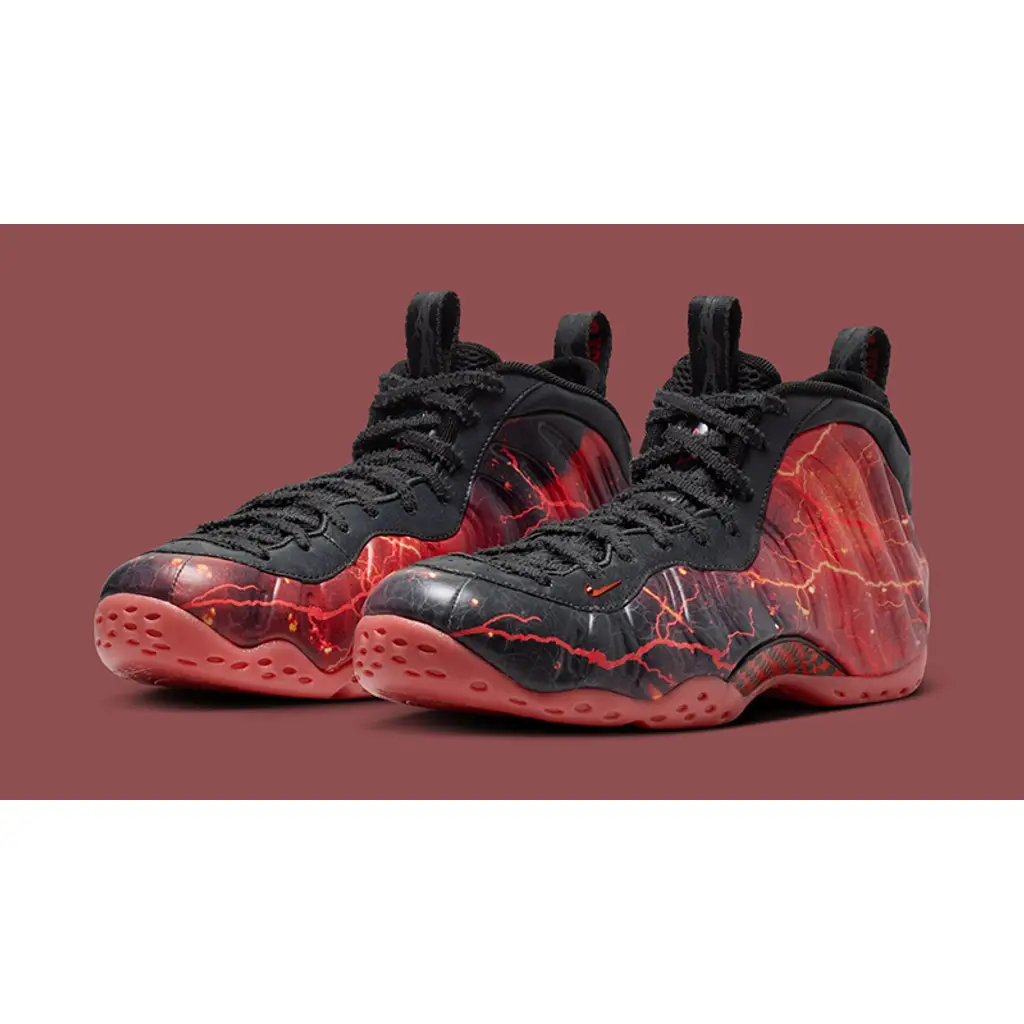 Stranger Things Nike Air Foamposite Red Black angled side view with cracked lightning detail