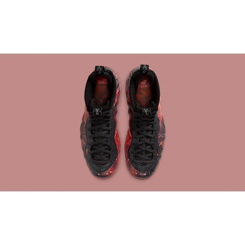 Stranger Things x Nike Air Foamposite One Red Black top view showing black upper and red lightning detailing