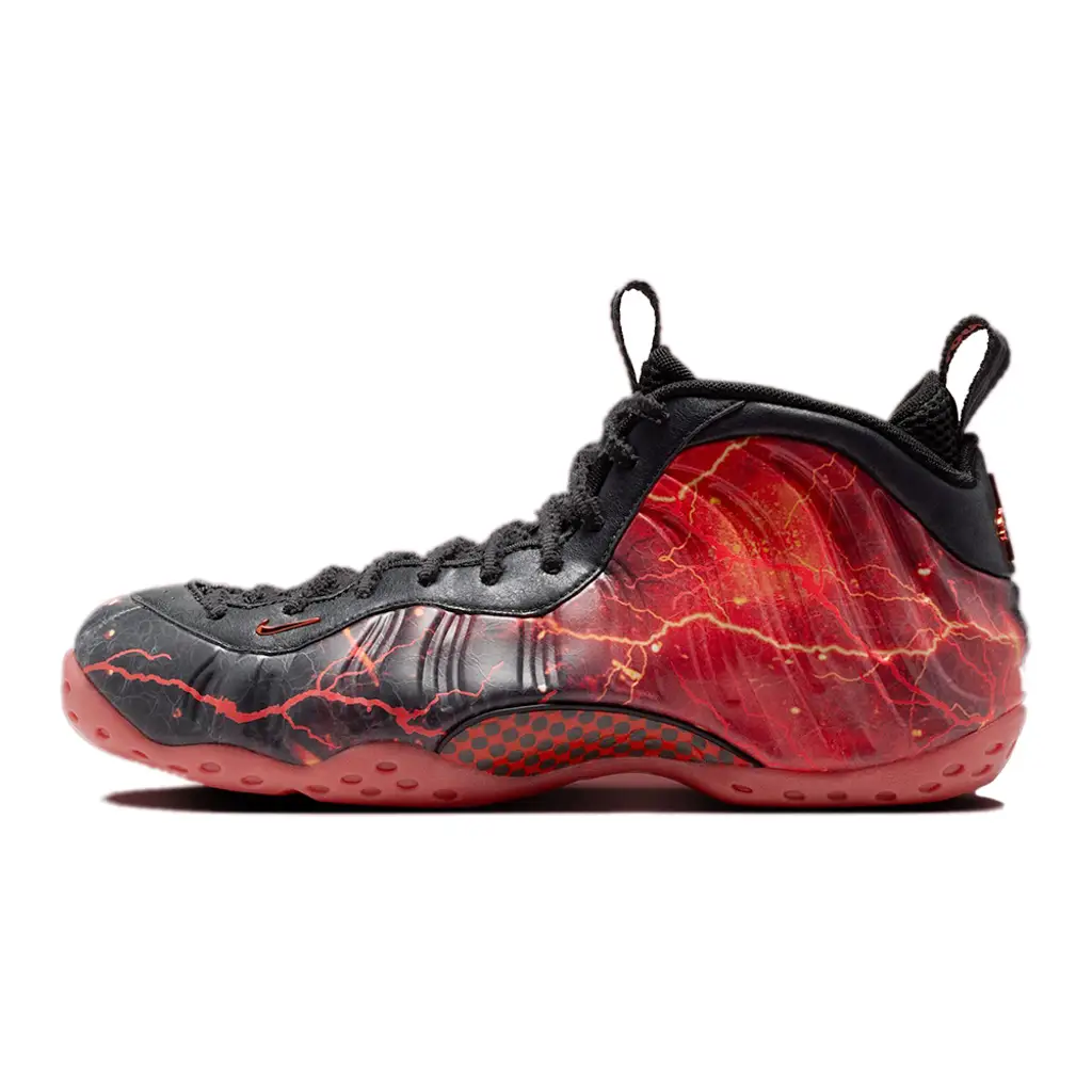 Stranger Things x Nike Air Foamposite One Red Black side profile with cracked lightning graphic upper