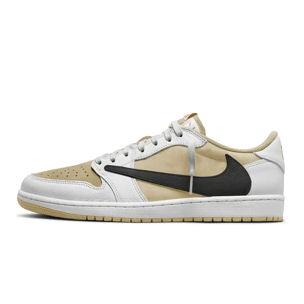 Travis Scott Air Jordan 1 Low OG SP Pale Vanilla lateral profile with black reverse Swoosh