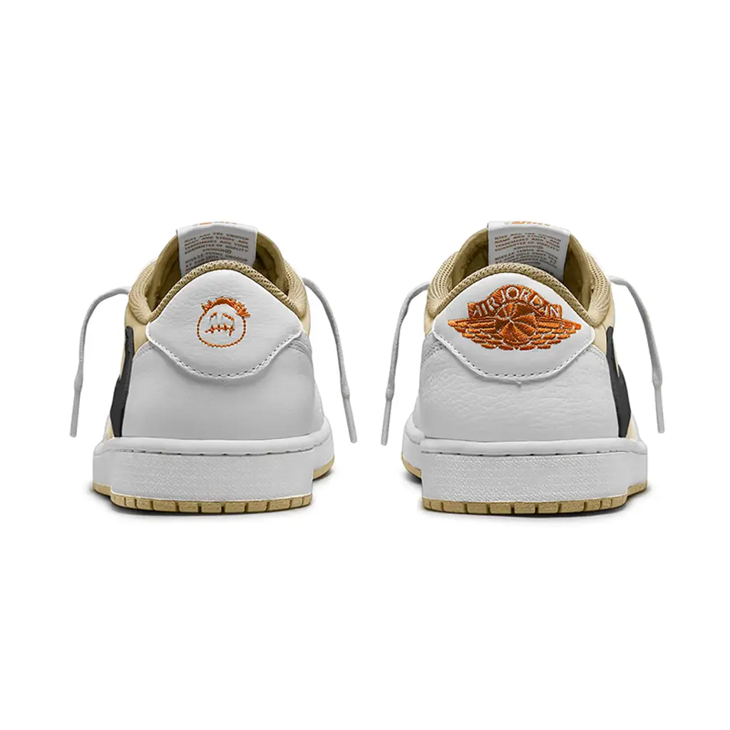Travis Scott Air Jordan 1 Low OG SP Pale Vanilla heel view showing Cactus Jack and Wings branding