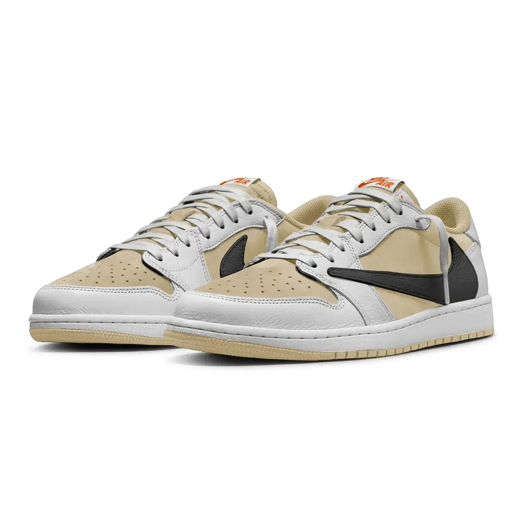 Travis Scott Air Jordan 1 Low OG SP Pale Vanilla side view with reverse black Swoosh and beige nubuck upper