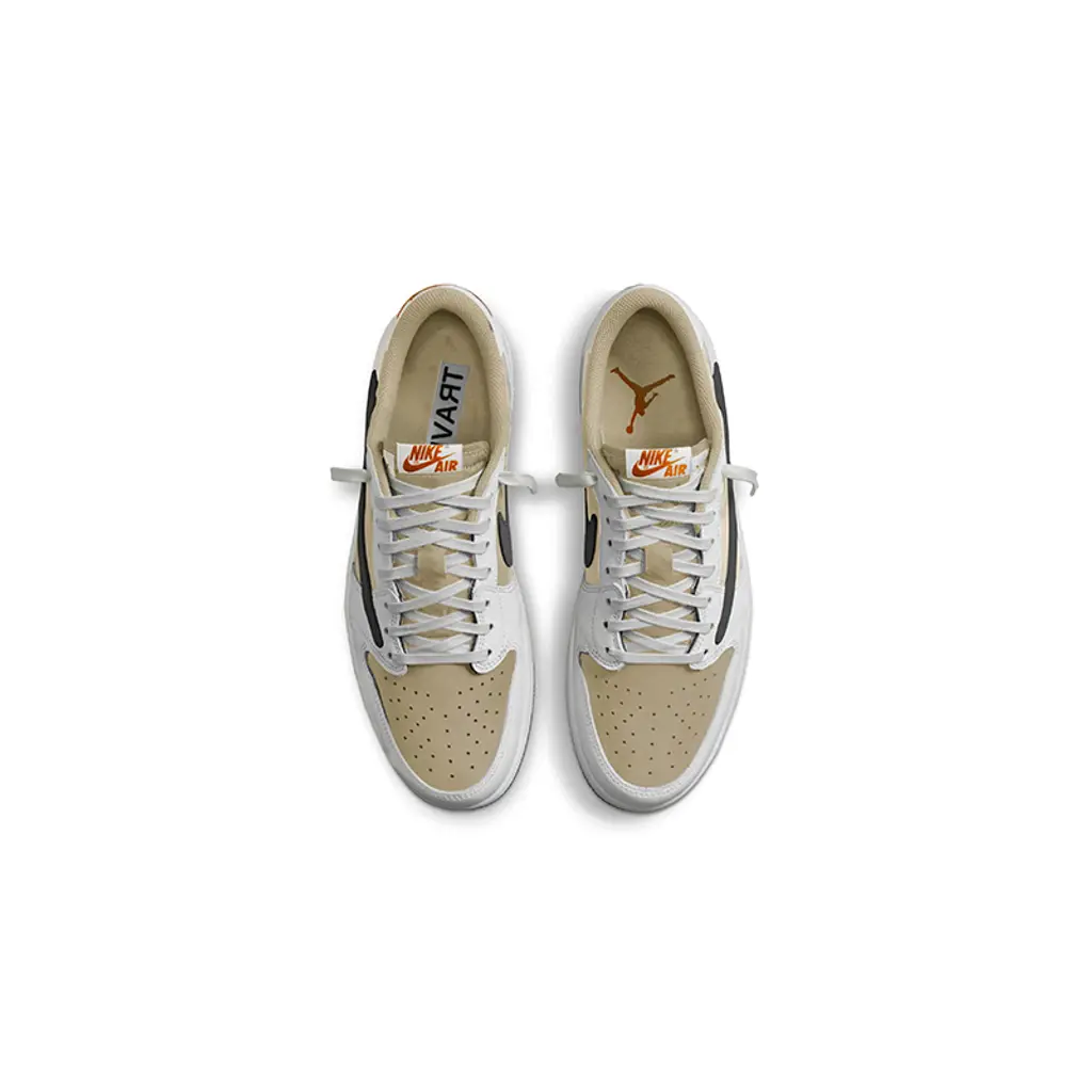 Travis Scott Air Jordan 1 Low OG SP Pale Vanilla top view displaying beige panels and white laces