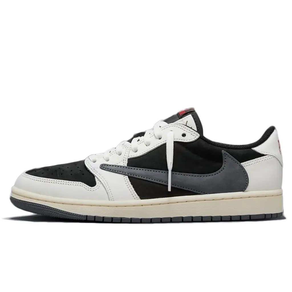Travis Scott x Air Jordan 1 Low Sail Grey side profile showing reverse grey Swoosh and sail overlays